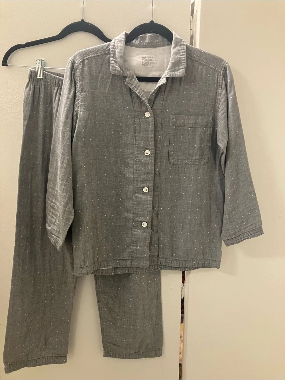 MUJI Womens Cotton Gray White Dotted Pajama Top Bottoms Set Pjs Sz S.